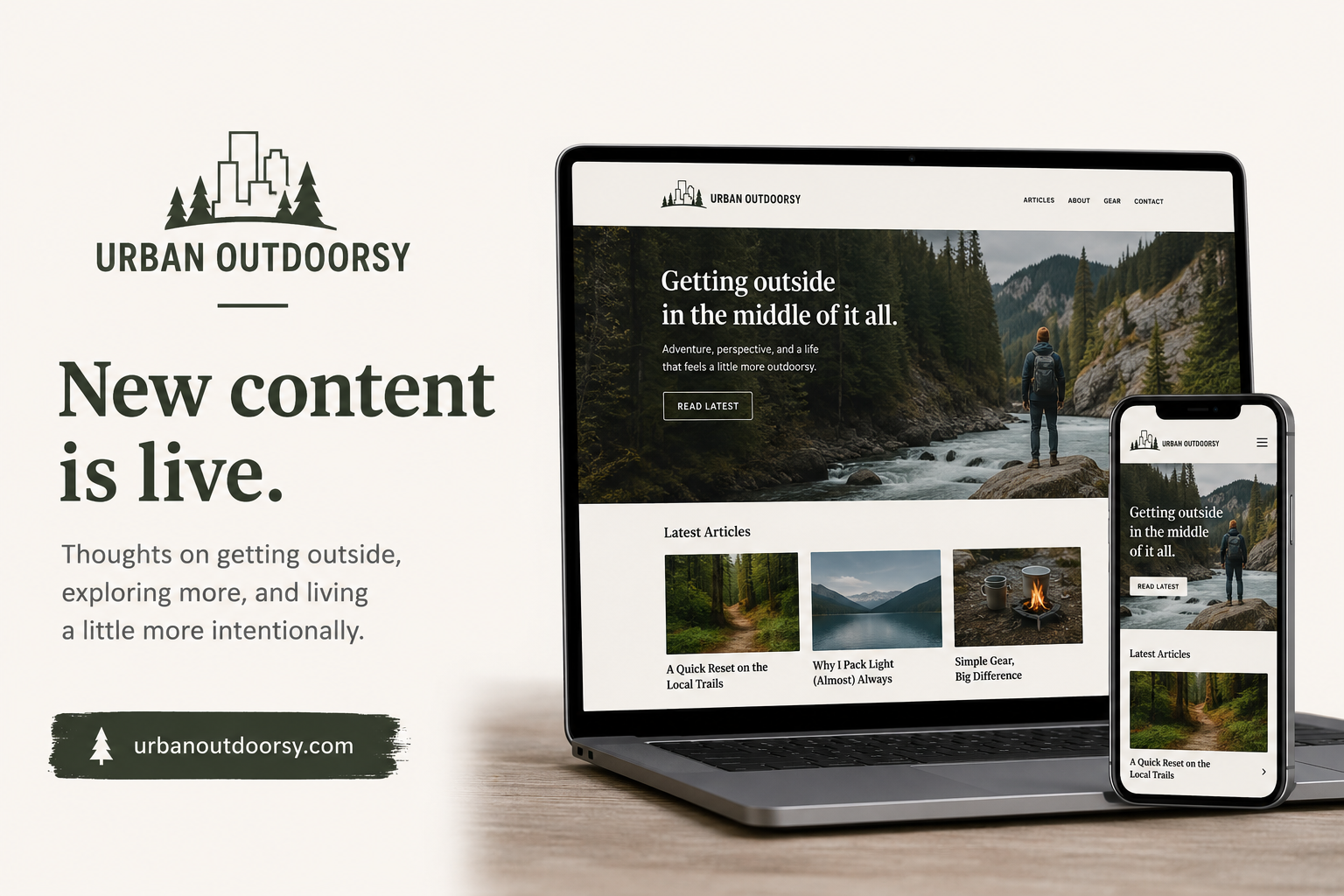 Urban Outdoorsy displayed on a laptop and phone — “New content is live.” launch mockup with the urbanoutdoorsy.com URL